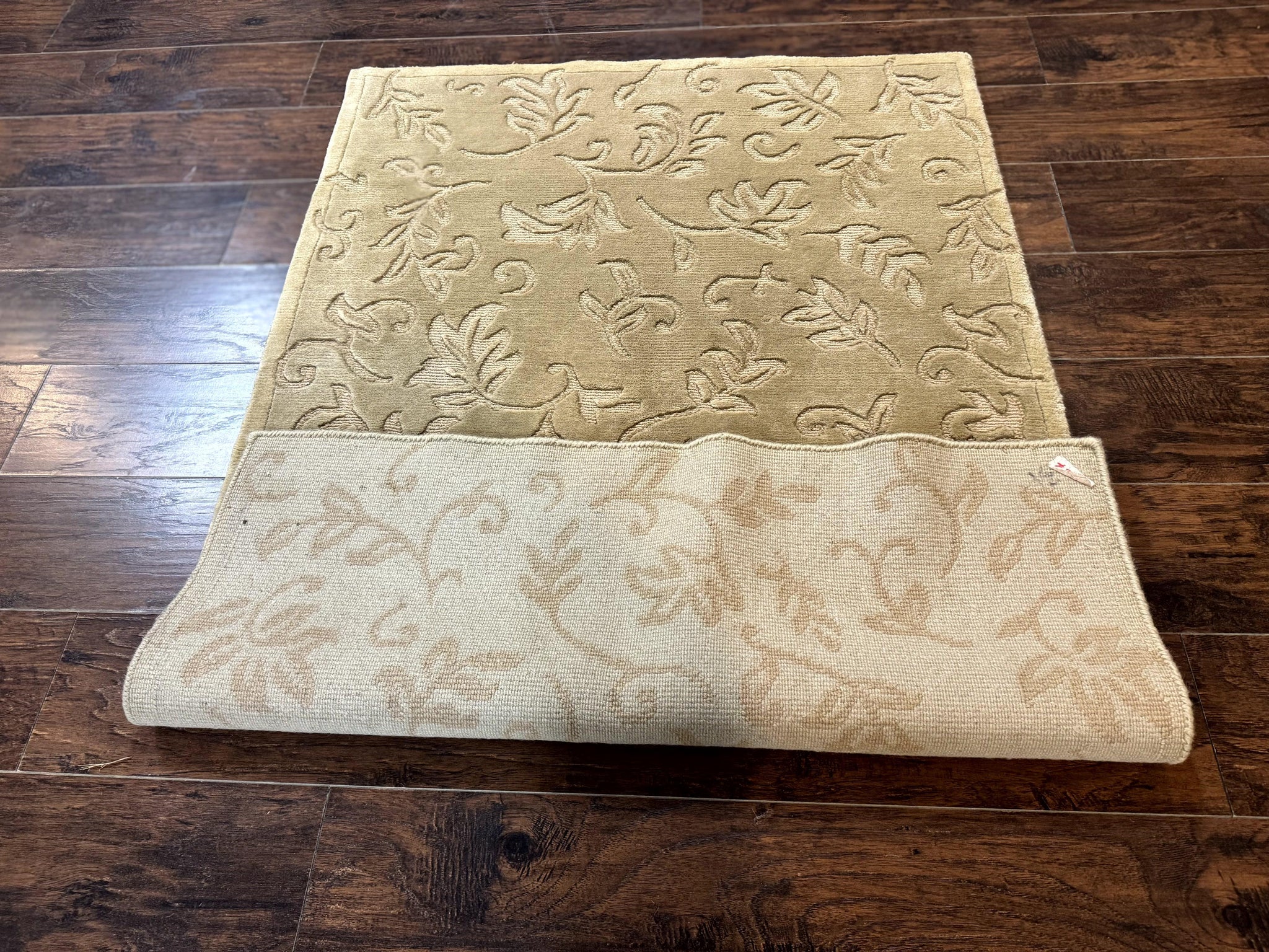 Modern Tibetan Rug 3.7 x 5.5, Carved Floral Design, Wool and Silk Highlights by Jewel Rugs