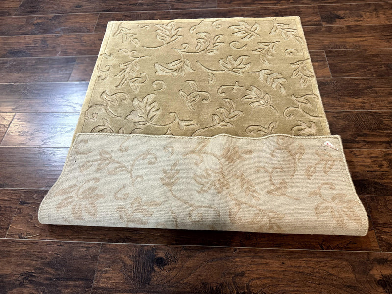 Modern Tibetan Rug 3.7 x 5.5, Carved Floral Design, Wool and Silk Highlights by Jewel Rugs