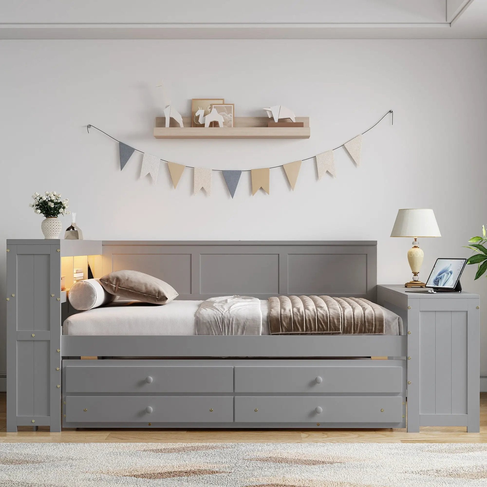 Daybed With Storage Shelves, Drawers, Trundle, Charging Station, LED Light, Desk And Cabinet by Unique Piece Furniture