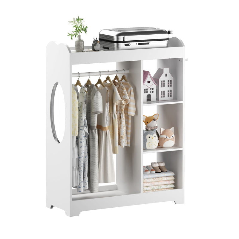 Dress Up Storage With Mirror And Hooks, Clothes Rack With Hanging Rod, 3 Side Hooks, Open Shelves, Top Shelf Organizer - White by Unique Piece Furniture