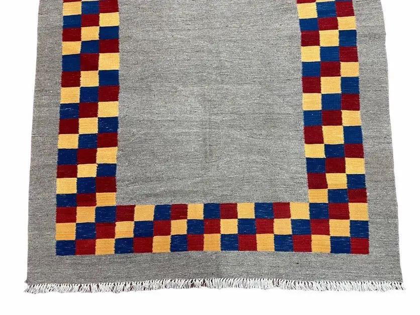 Gray Kilim Carpet, Yellow, Red, Blue Checkerboard Pattern, Flatweave, New, Geometric, Hand-Knotted, Wool, Turkish Area Rug, 5' 9" x 7' 9" by Jewel Rugs