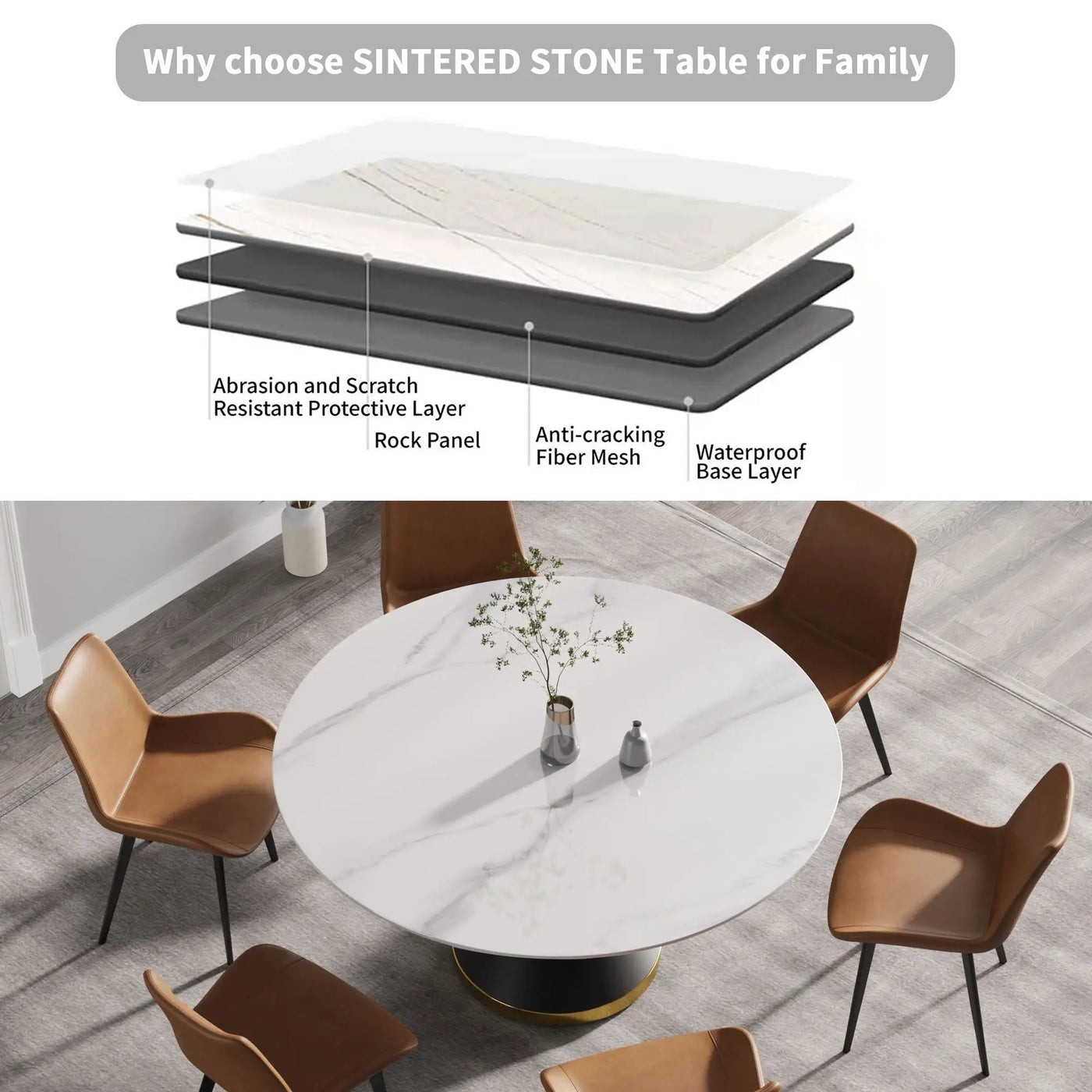 Modern Artificial Stone Round Carbon Steel Base Dining Table, Can Accommodate 6 People by Unique Piece Furniture