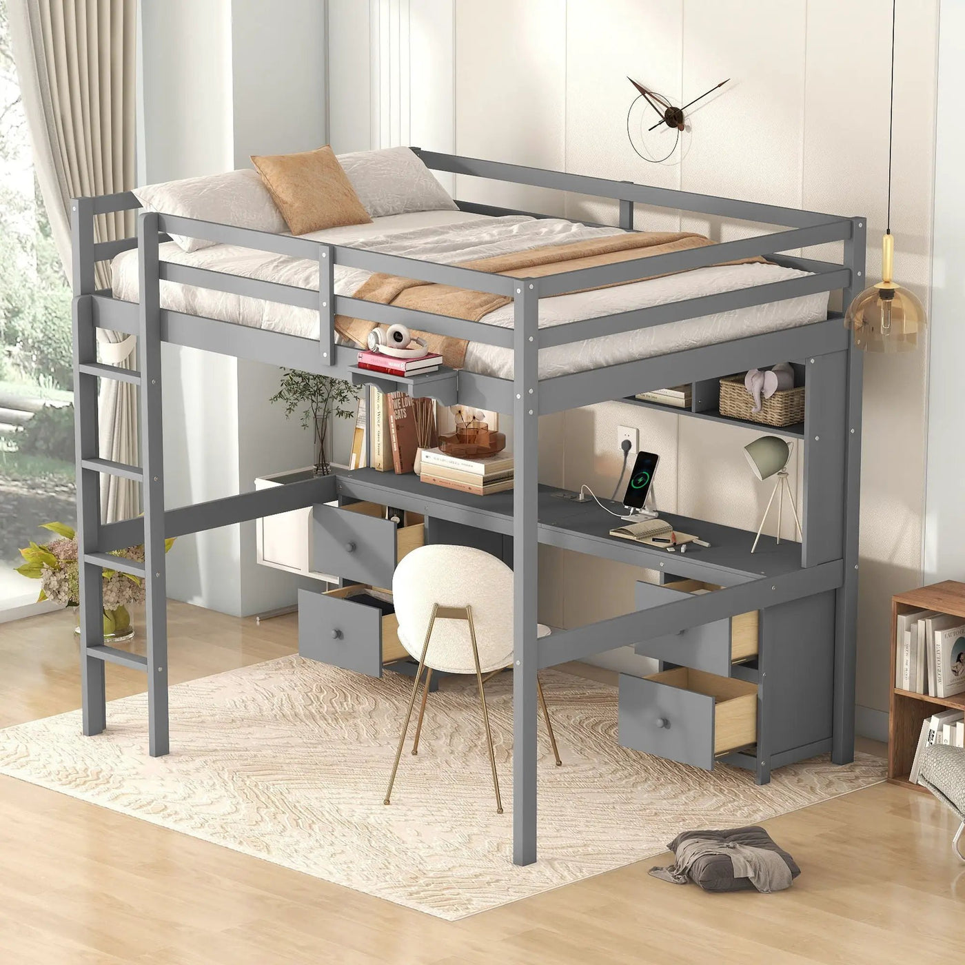 Loft Bed With Desk, Cabinets, Drawers, Charging Station And Bedside Tray by Unique Piece Furniture
