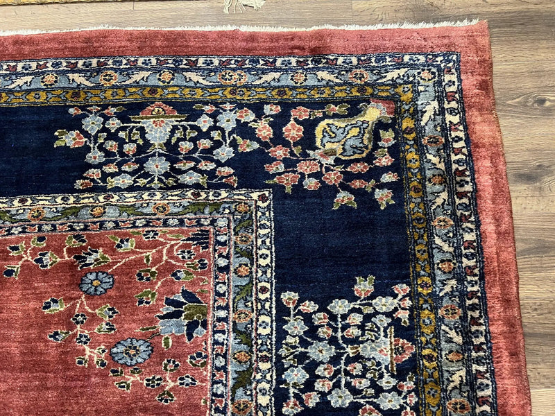 Large Persian Sarouk Rug 10x17, Open Field, Red and Navy Blue, Palace Sized Oversized Hand Knotted Wool Oriental Carpet Flowers Vases Antique 1920s by Jewel Rugs