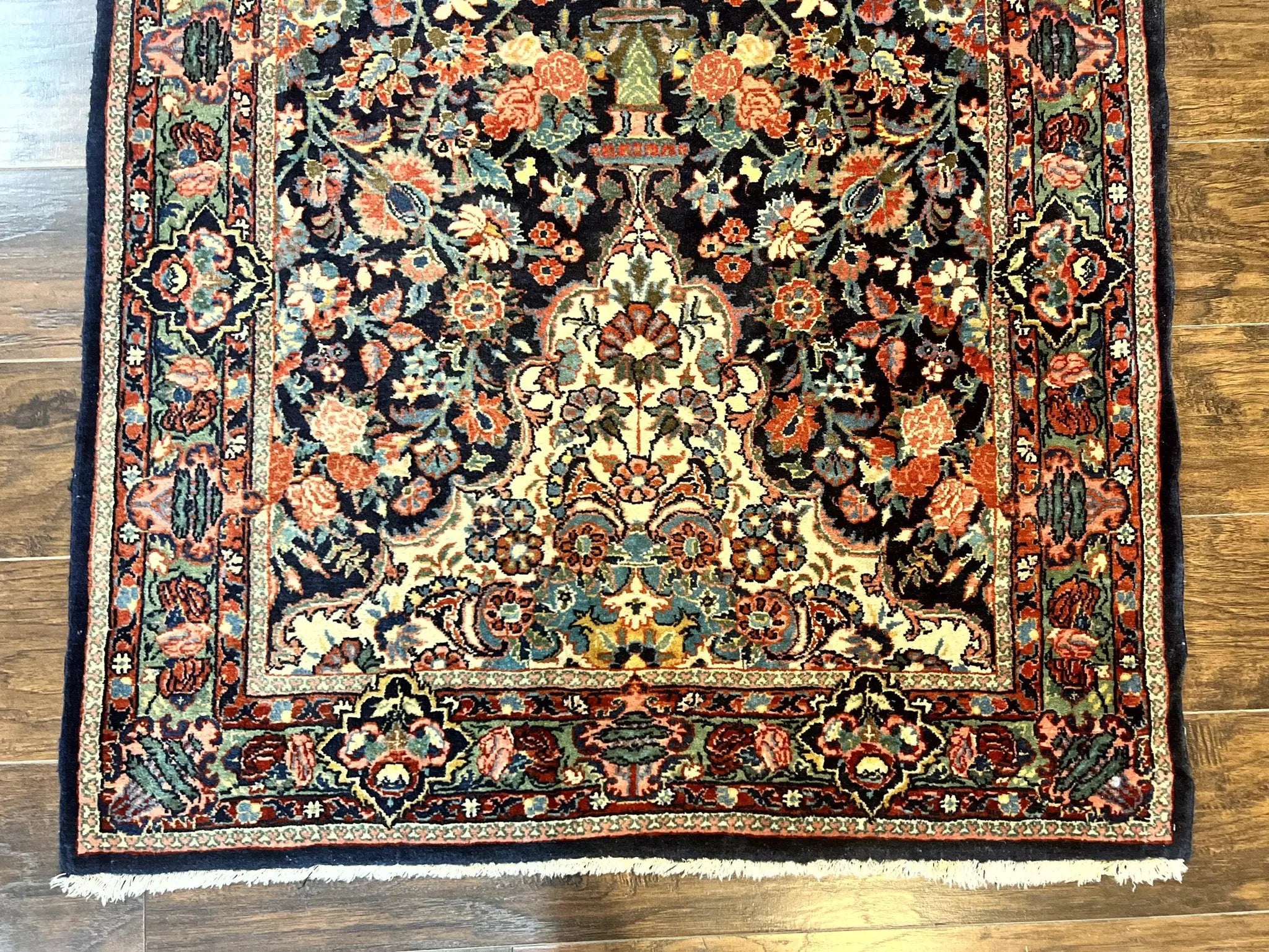 Persian Saoruk Rug 4x5, Navy Blue and Red, Floral, Antique Persian Wool Carpet, Handmade by Jewel Rugs