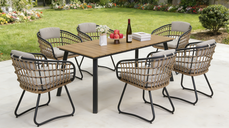 7-Piece Outdoor Wicker Dining Set with Wood-Plastic Composite Board Table by HouseOfZazla