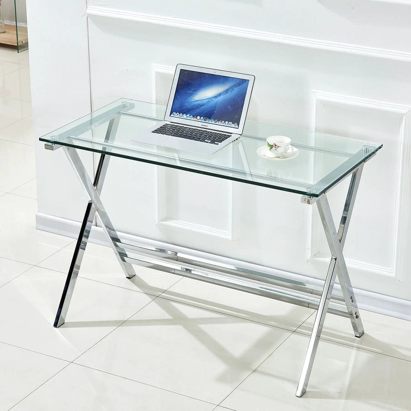 Transparent Glass Computer Desk With Rounded Edges, Tempered Glass Laptop Table - Clear by Unique Piece Furniture