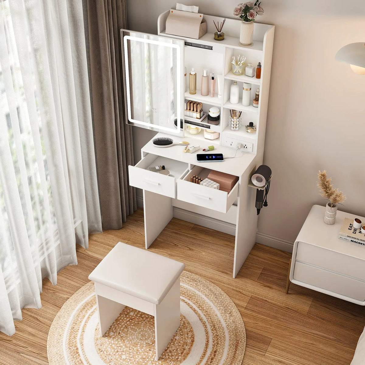 Small Makeup Vanity Desk with Mirror & LED Lights by HouseOfZazla