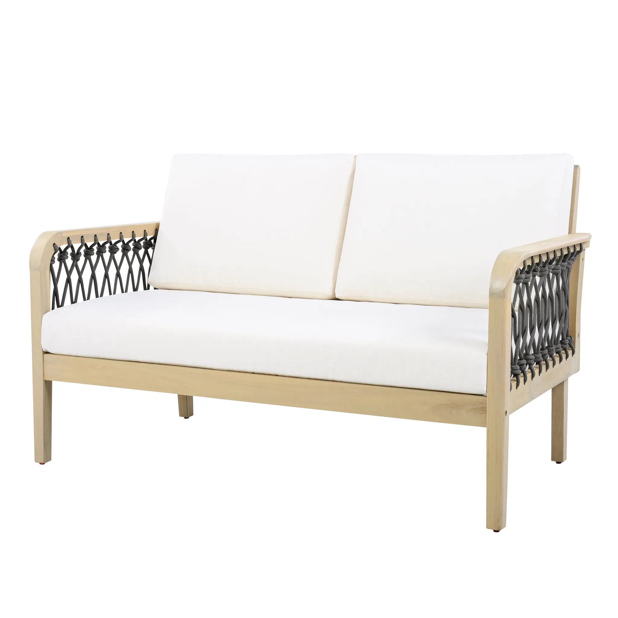 Outdoor Acacia Wood Loveseat & Coffee Table Set with Handwoven Rope, Light Teak by HouseOfZazla