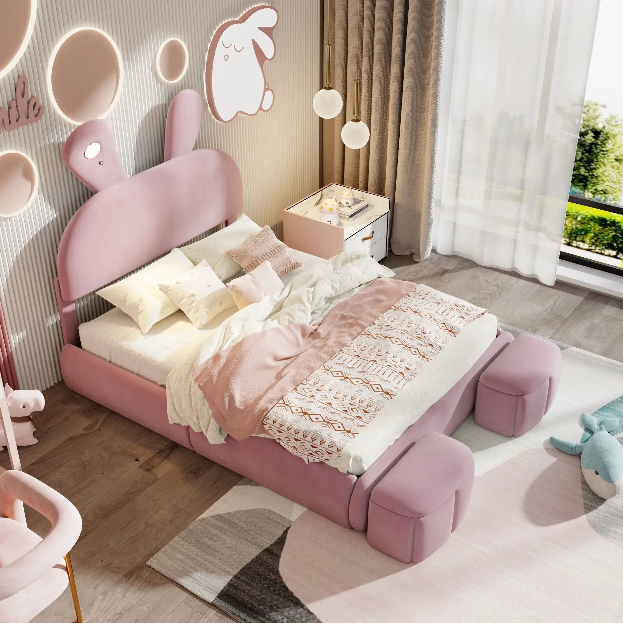 Full Upholstered Platform Bed With Cartoon Ears Headboard And LED Light - Pink by HouseOfZazla