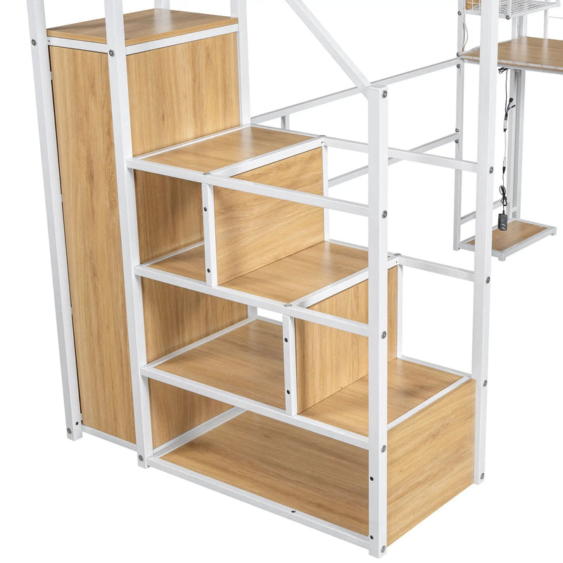 Loft Bed With Built In Work Station, Wardrobe, Storage Staircase And LED