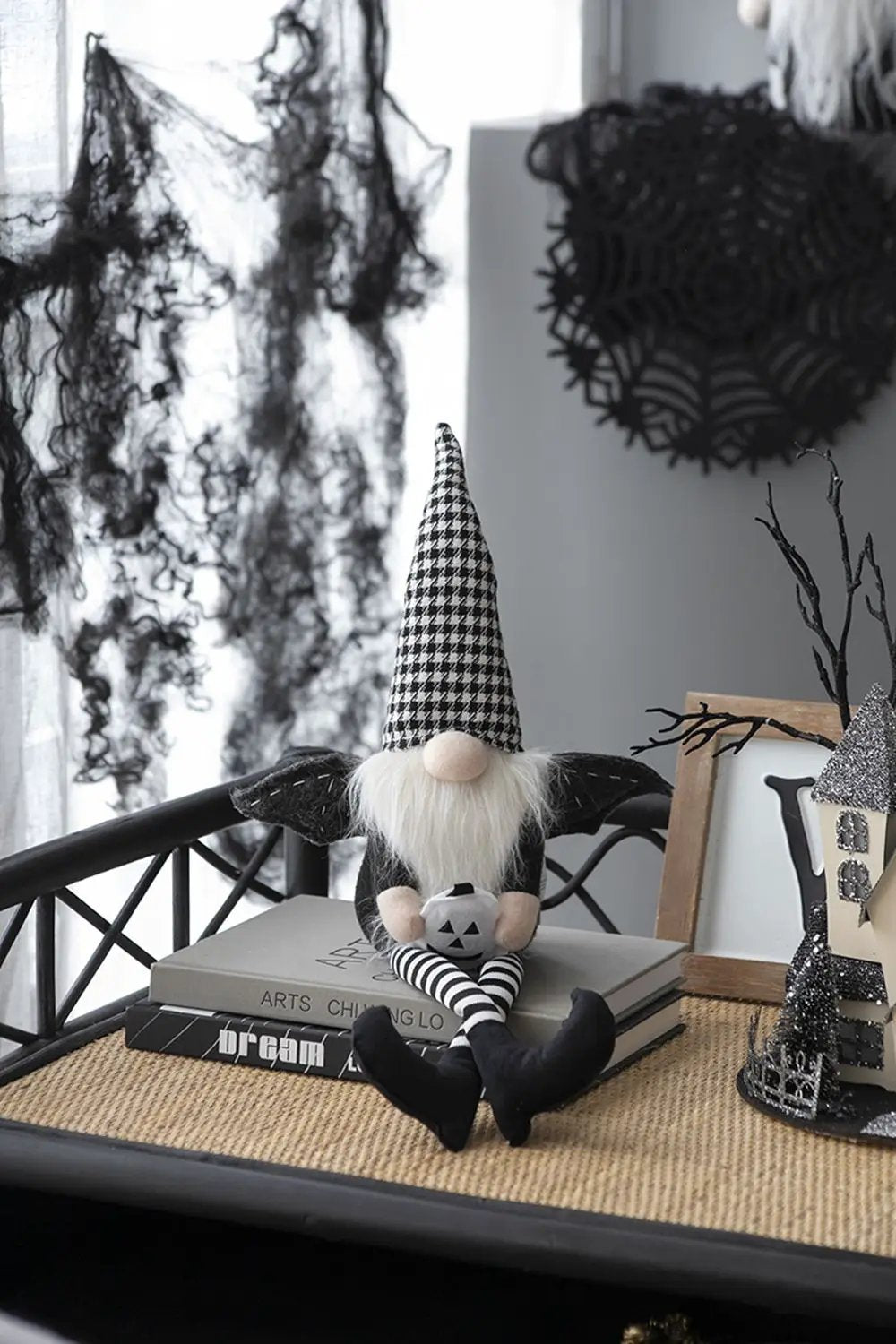 Sitting Gnome With Wings & Plaid Hat, For Halloween Decor by HouseOfZazla