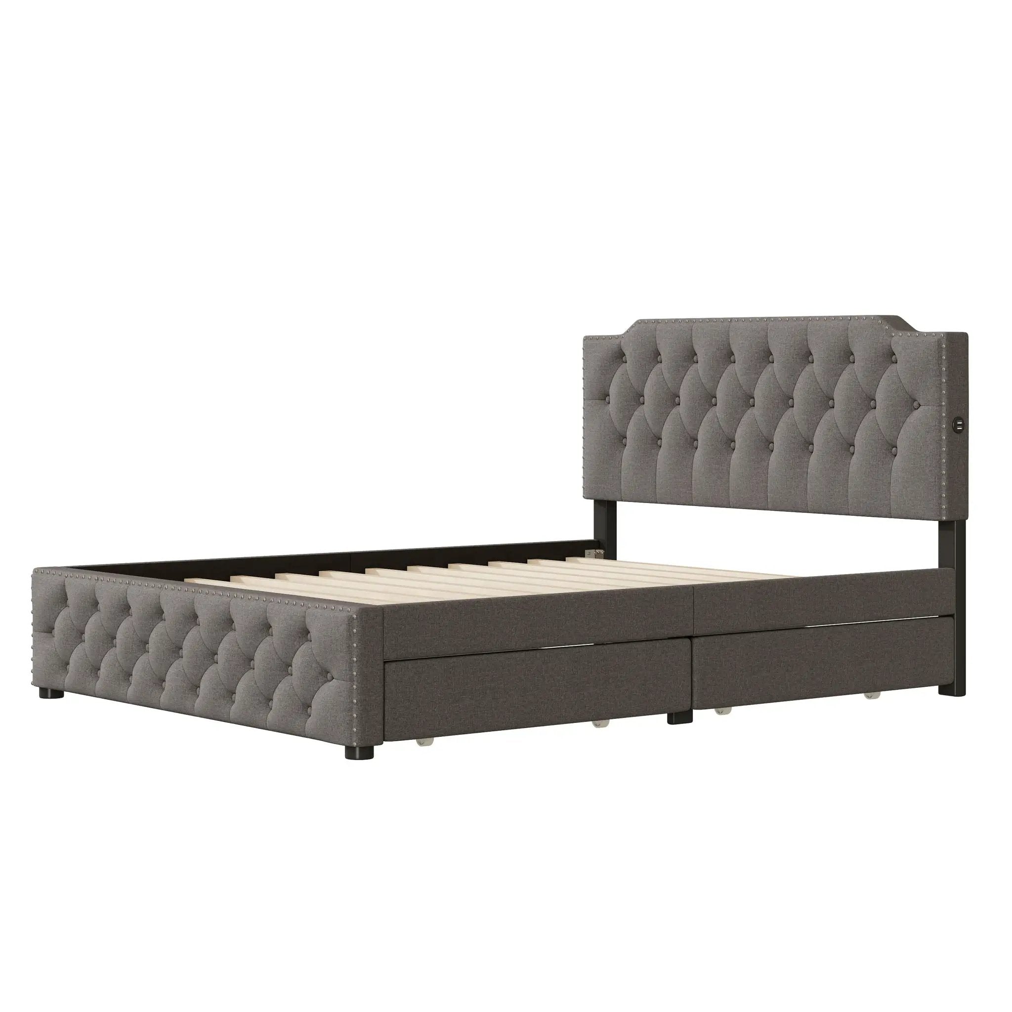 Upholstered Platform Bed With 2 Drawers And 2 Sets Of USB Ports On Each Side, Fabric by HouseOfZazla
