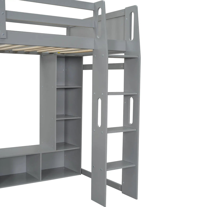 Gaming Loft Bed With Desk, Multi Storage Shelves, LED Lighting, And Hanging Clothes Rack by HouseOfZazla