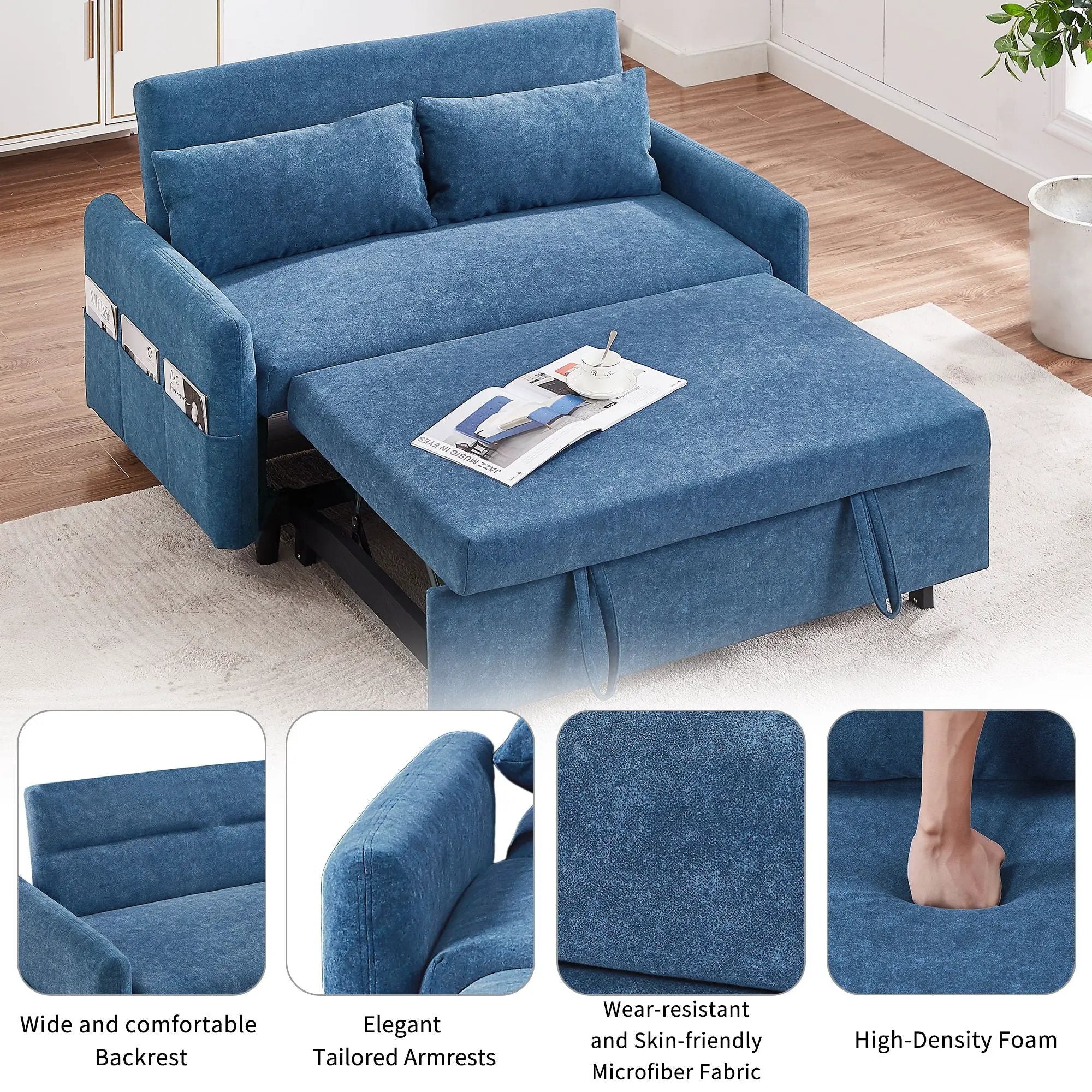 Pull Out Sleep Sofa Bed Loveseats Sofa Couch With Adjsutable Backrest, Storage Pockets, 2 Soft Pillows, USB Ports For Living Room, Bedroom, Apartment, Office by Unique Piece Furniture
