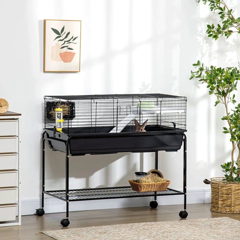 Pawhut - Two-Story Small Animal Cage Removable From Stand, Guinea Pig Cage, Hedgehog Cage, Chinchilla Cage, Ferret, With Shelf & Wheels, Pet Habitat - Black by HouseOfZazla