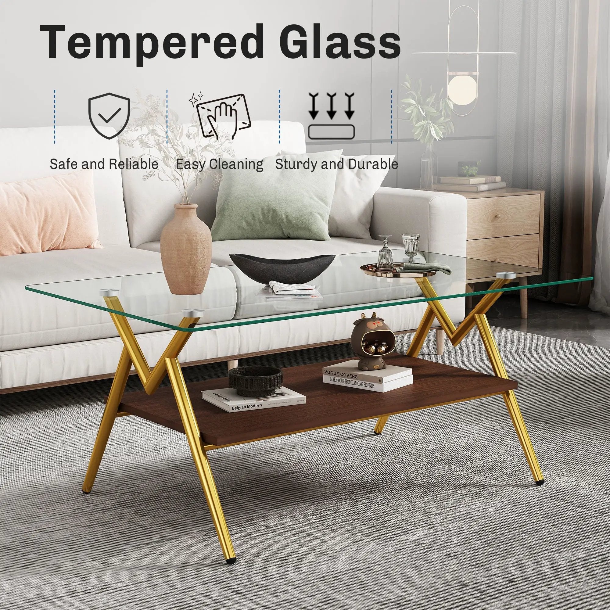 Rectangle Coffee Table With Tempered Glass Top And Shelf by Unique Piece Furniture