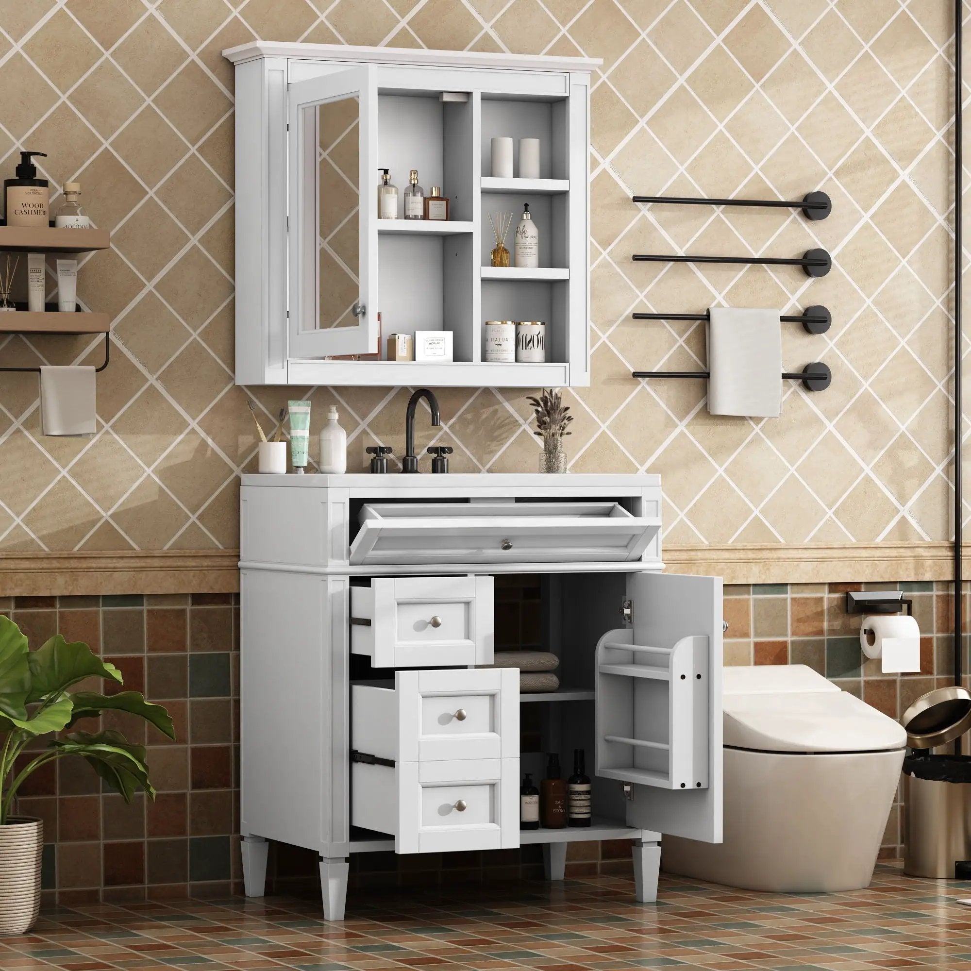 Bathroom Vanity With Medicine Cabinet, Royal Mirror Cabinet, Modern Bathroom Storage Cabinet With 2 Soft Closing Doors And 4 Drawers by HouseOfZazla