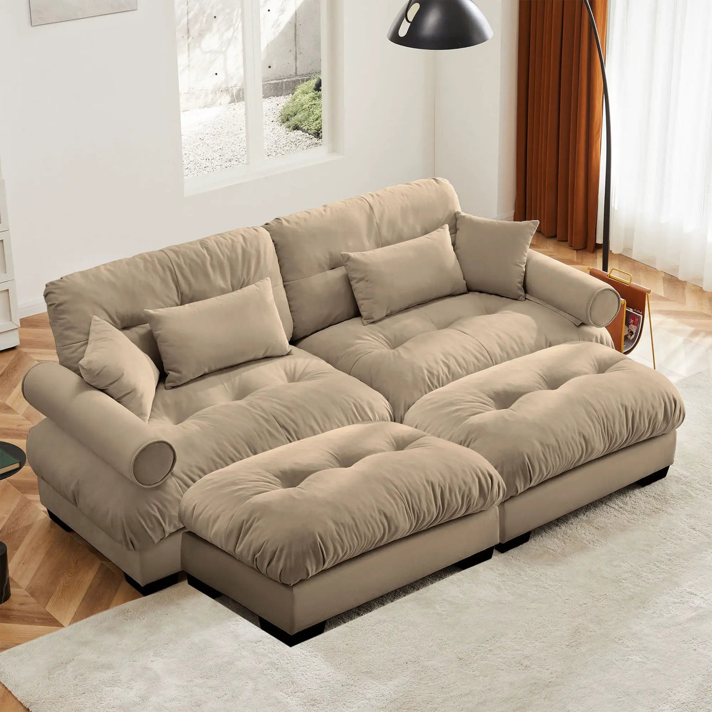 Modern Sectional Sofa With Ottoman, Round Bolster Armrests, Waist And Throw Pillows by Unique Piece Furniture