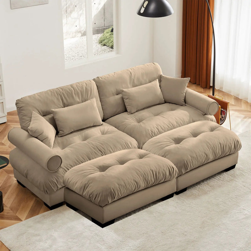 Modern Sectional Sofa With Ottoman, Round Bolster Armrests, Waist And Throw Pillows by HouseOfZazla