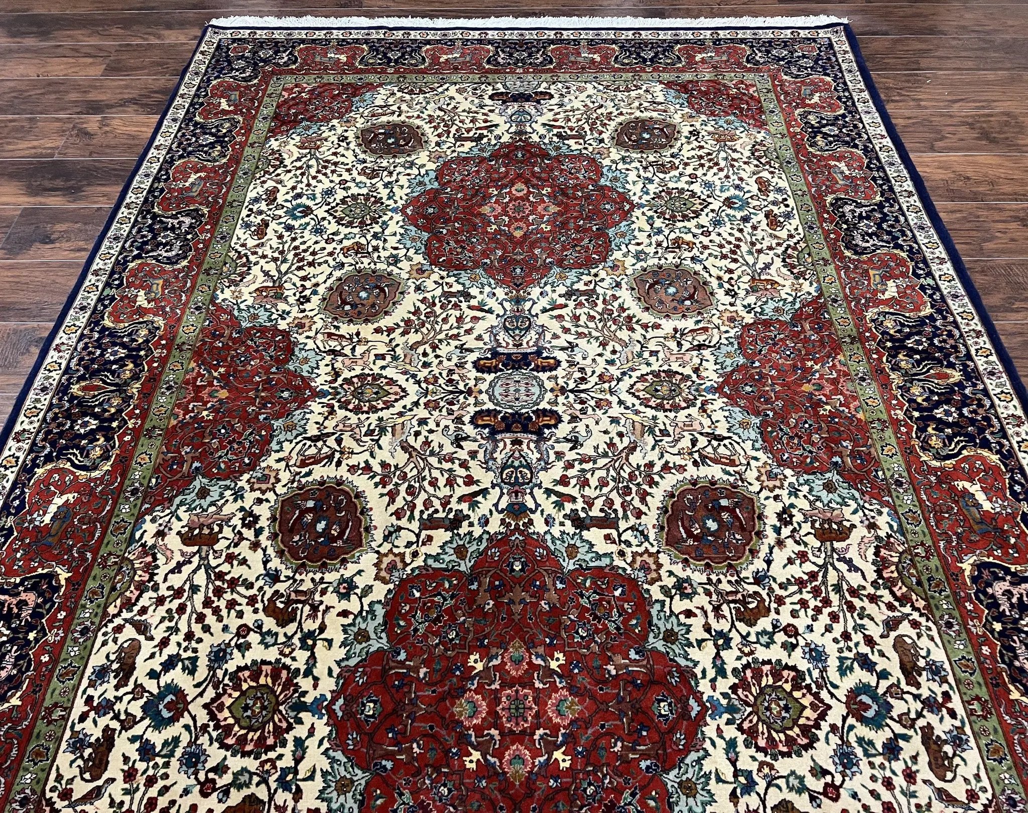 Wonderful Sino Persian Rug 6x10 with Animal Pictorial Motifs, Cream Dark Red Navy Blue, Birds Gazelles, Two Medallions, Top Quality Handmade by Jewel Rugs