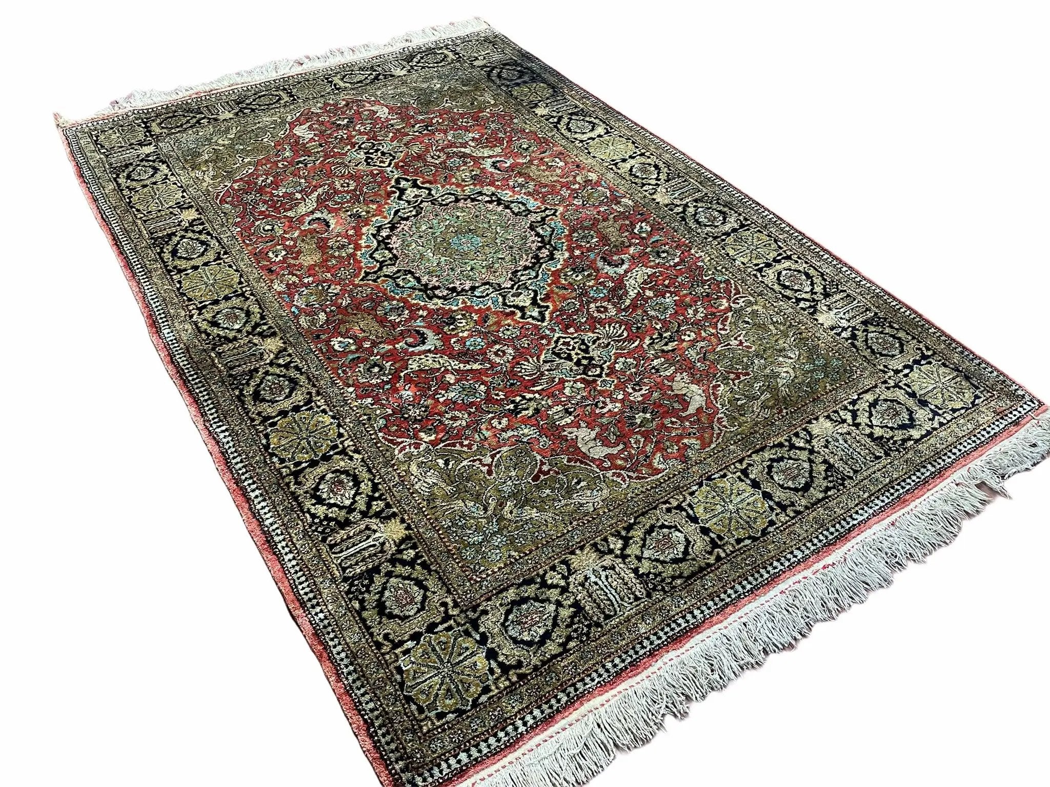 Persian Qum Silk Rug 3.8 x 5.6, Silk on Silk, Animal Pictorials, Fine 330 KPSI by Jewel Rugs