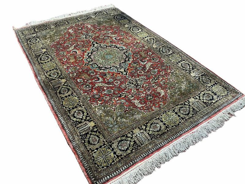 Persian Qum Silk Rug 3.8 x 5.6, Silk on Silk, Animal Pictorials, Fine 330 KPSI by Jewel Rugs