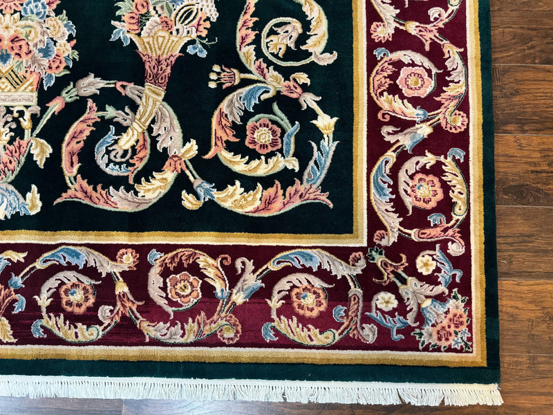 Aubusson Rug 9x12, Dark Green, European Design, Vintage Fine Handmade Carpet, Elegant by Jewel Rugs