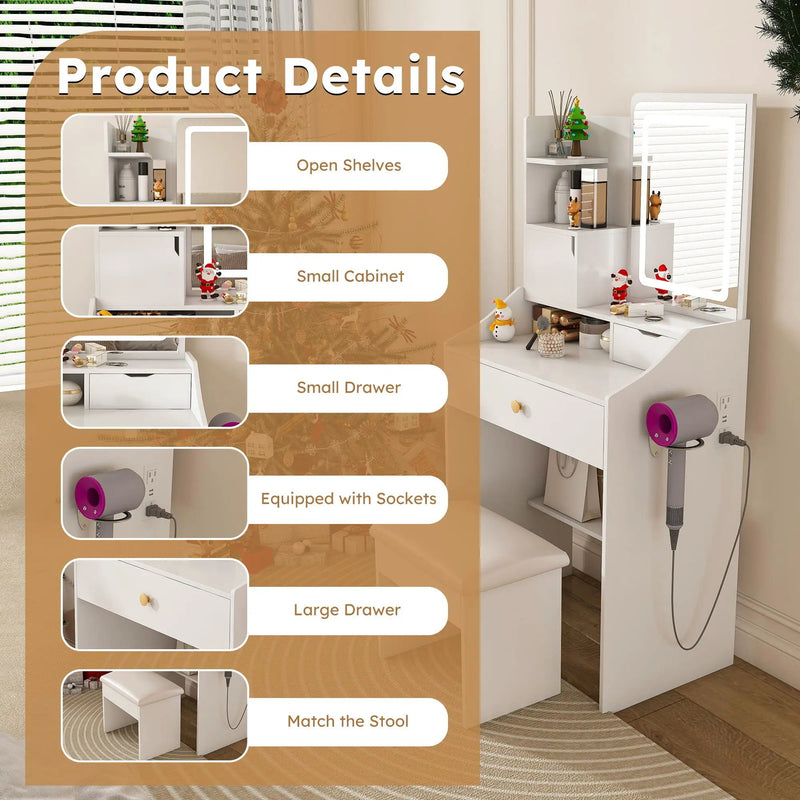 LED Vanity Mirror With Stool, 2 Drawers & 5 Storage Cabinets, Adjustable Lighting Mdf Dressing Table For Bedroom - White by Unique Piece Furniture