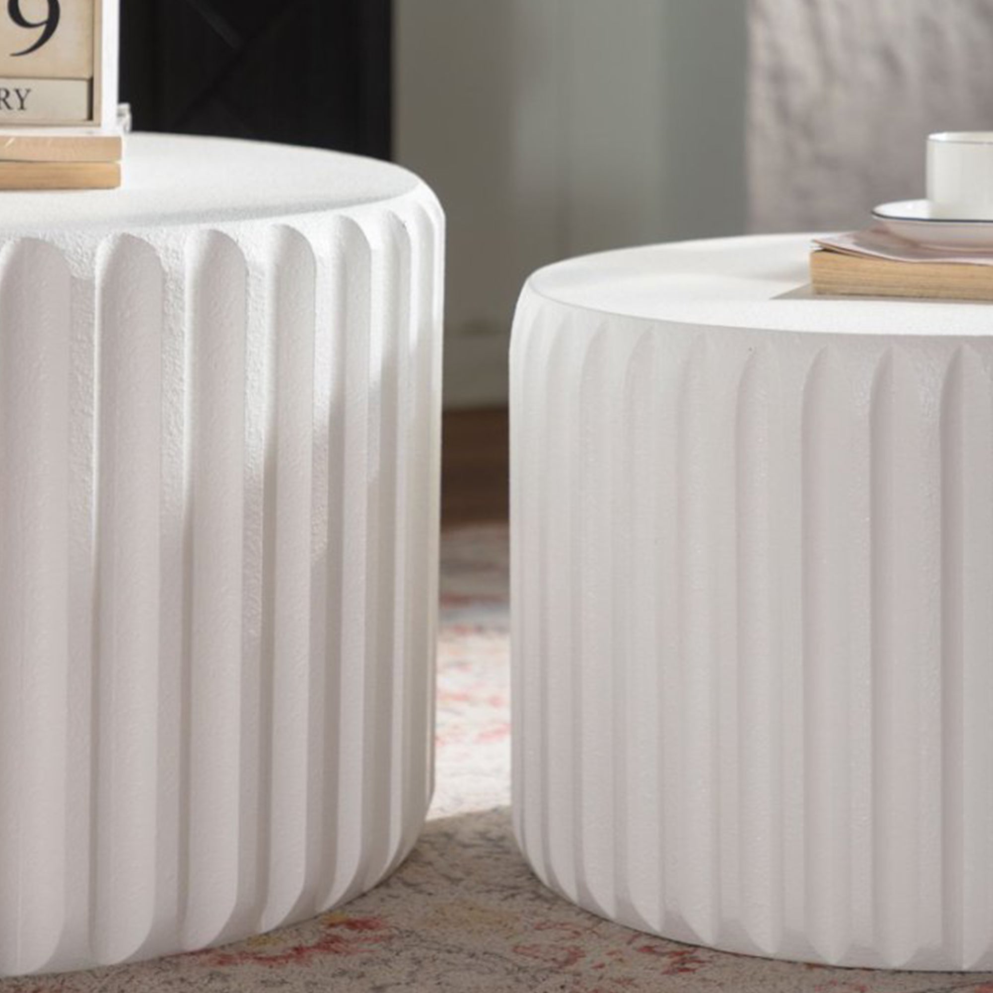 White Scalloped Round Coffee Table Set: Nesting Design, Elegant Curved-Edge Shape by HouseOfZazla