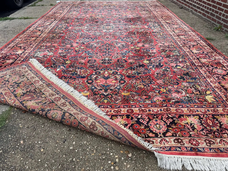 Large Antique Persian Sarouk Rug 11x18, Red, Floral Allover, Palace Size Wool Handmade Carpet by Jewel Rugs