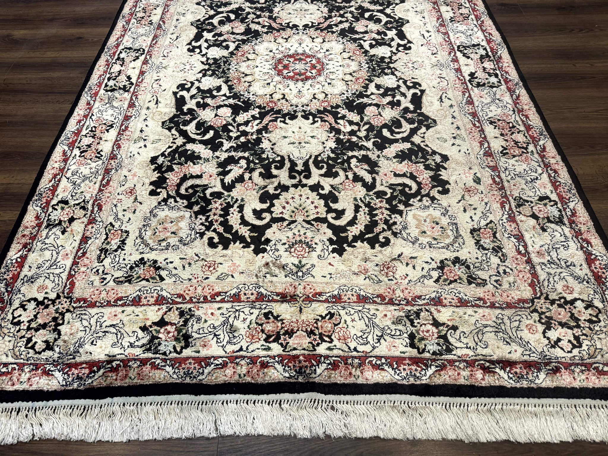 Indian Kashmiri Silk Rug, Floral Medallion, Vintage Hand Knotted Carpet by Jewel Rugs