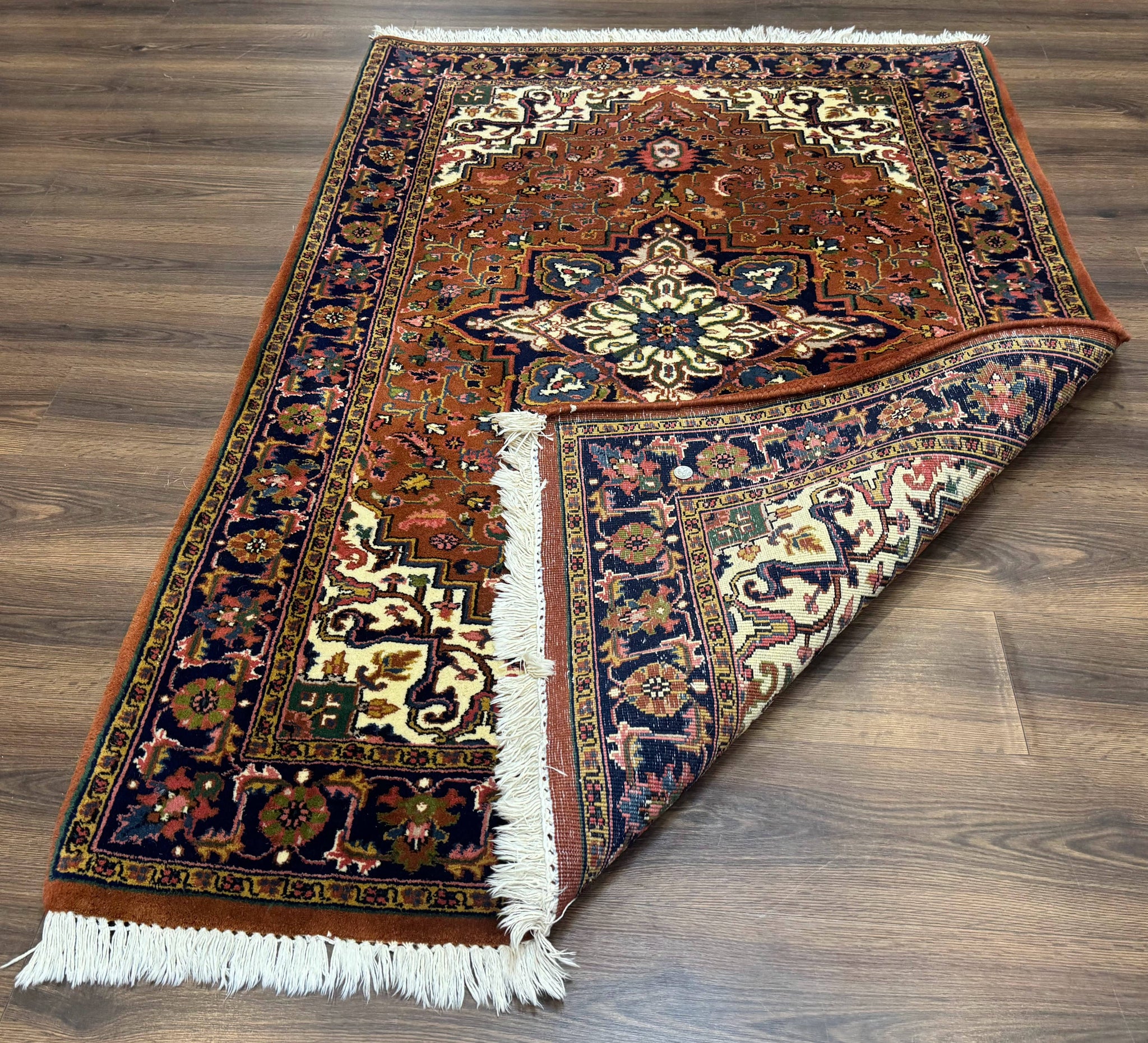 Indo Persian Heriz Rug 4x6, Rust Red Navy Blue and Cream by Jewel Rugs