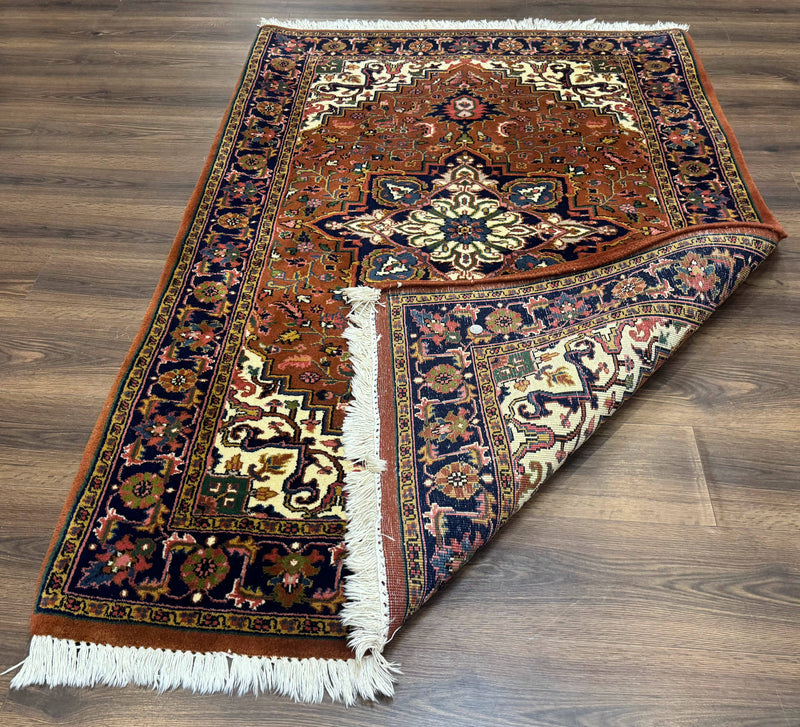 Indo Persian Heriz Rug 4x6, Rust Red Navy Blue and Cream by Jewel Rugs