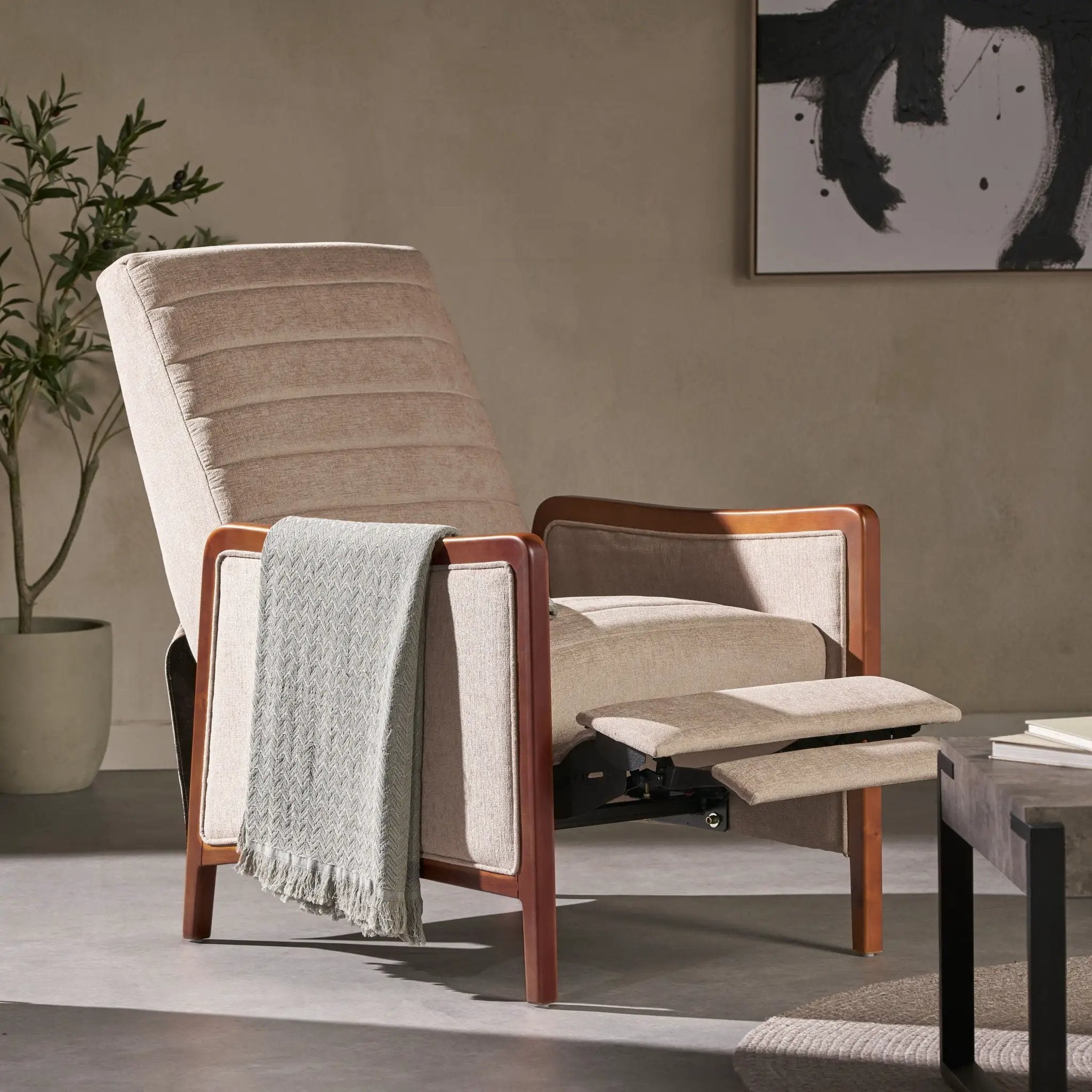 Mid Century Modern Fabric Channel Stitch Wood Pushback Recliner by Unique Piece Furniture