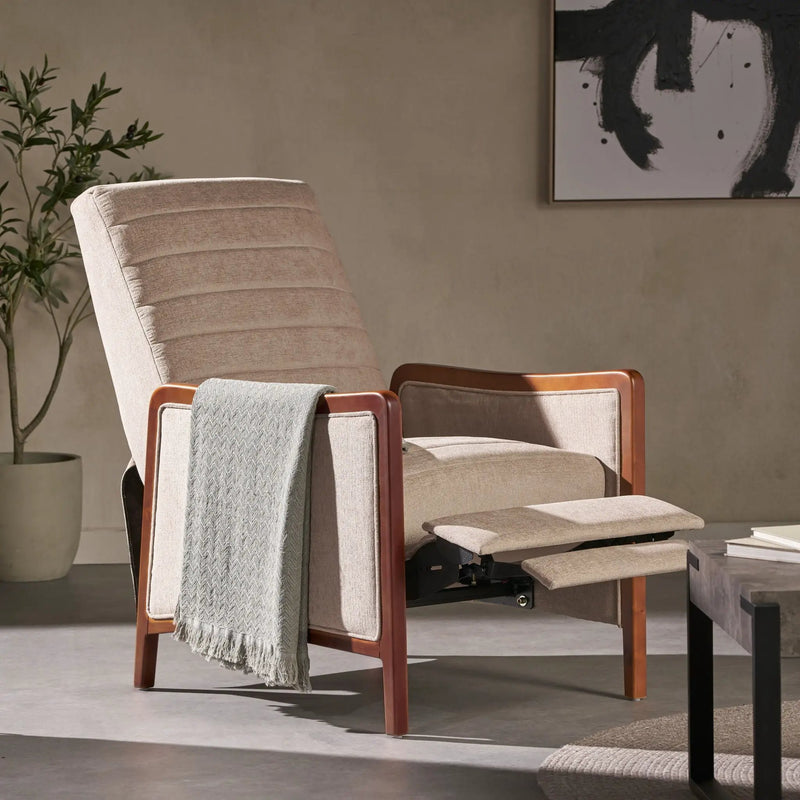 Mid Century Modern Fabric Channel Stitch Wood Pushback Recliner by Unique Piece Furniture