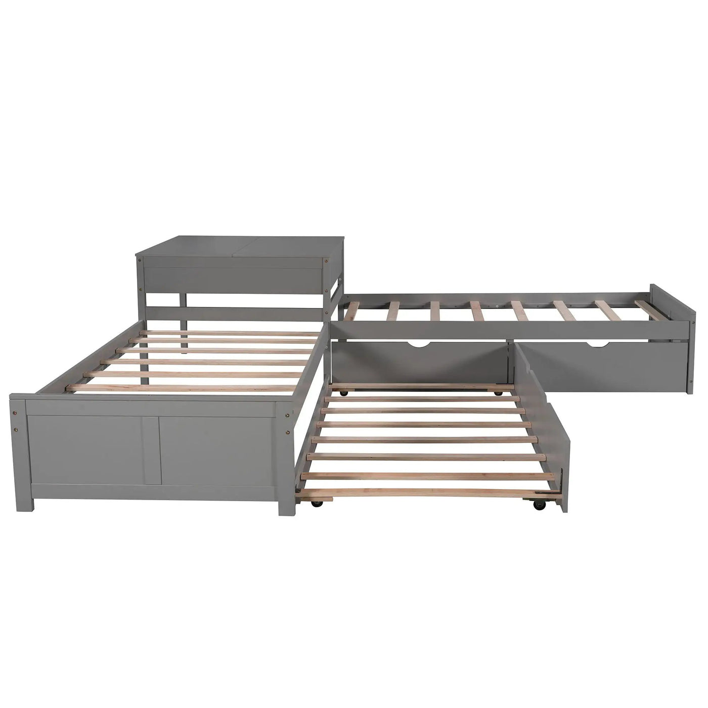 L Shaped Platform Bed With Trundle And Drawers Linked With Built In Desk by HouseOfZazla