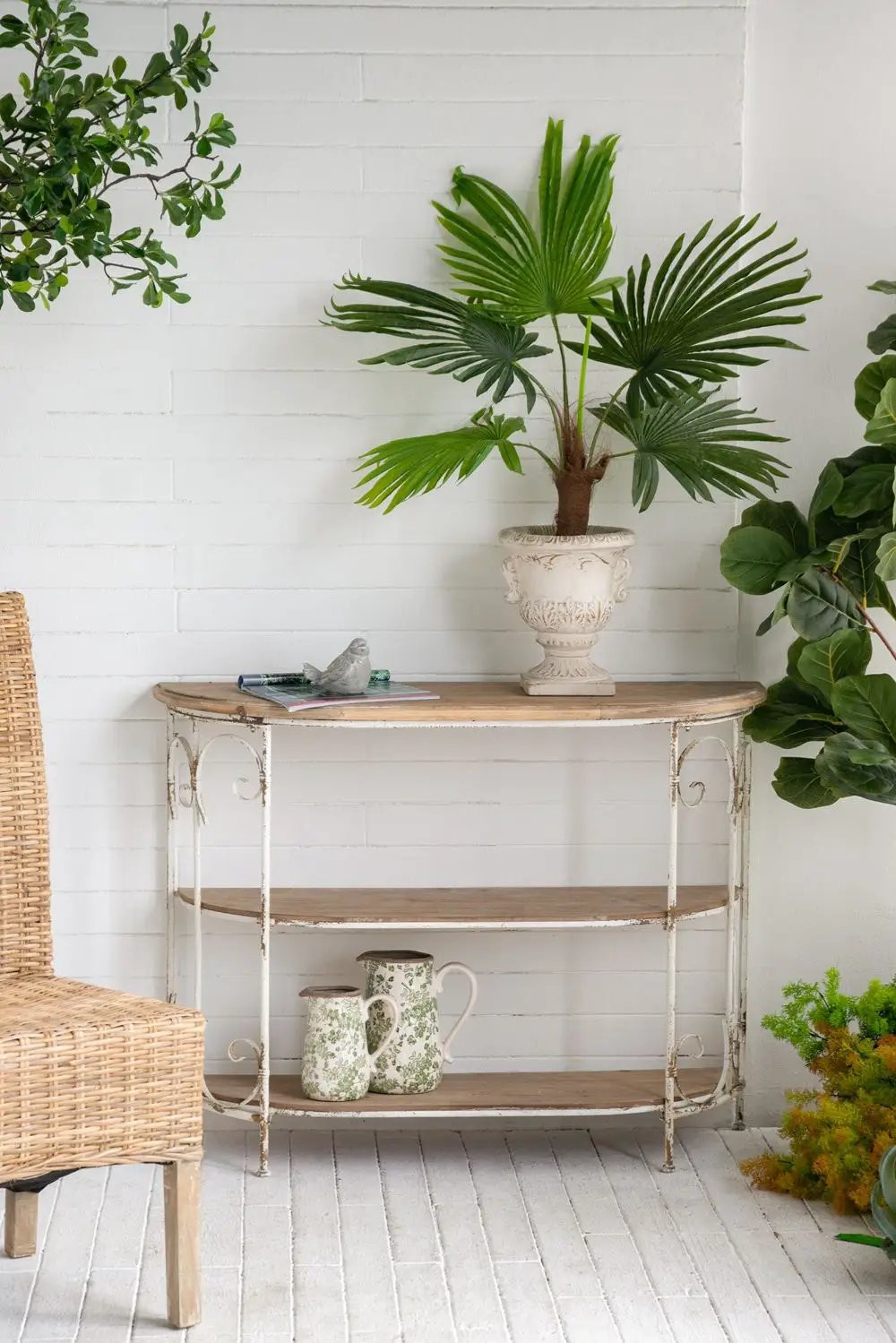 3 Tiered Wooden Shelving Unit With Ornate Iron Frame - Multicolor by Unique Piece Furniture