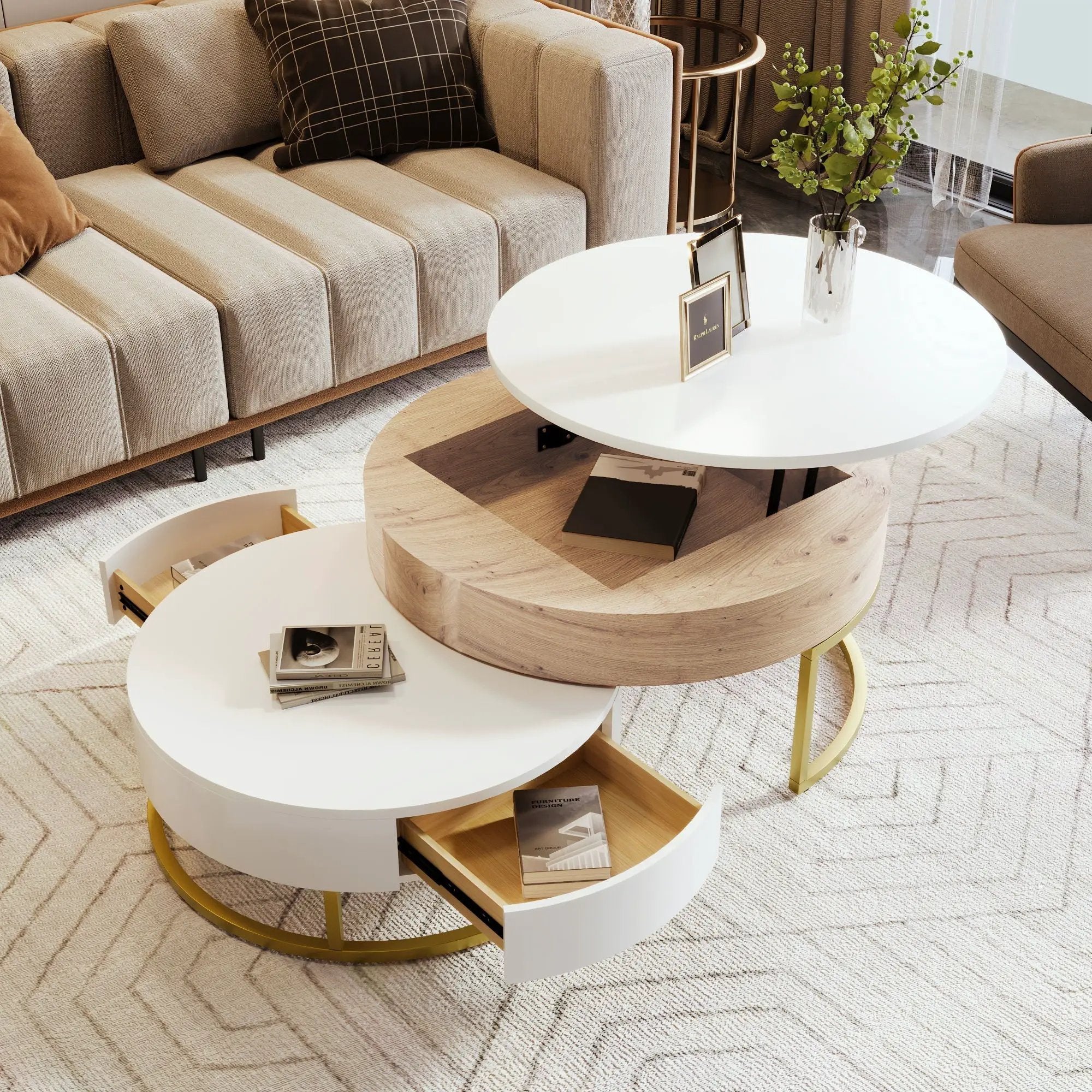 Modern Round Lift-Top Nesting Coffee Tables With 2 Drawers by Unique Piece Furniture