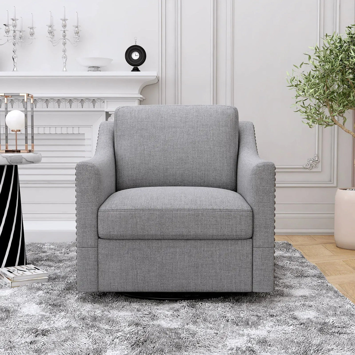 360 Degree Swivel Armchair, Skin Friendly Fabric, Ergonomic Design, Brass Nail Decorative Armchair by HouseOfZazla