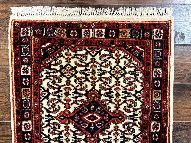 Indo Persian Bidjar Runner Rug 2.8 x 10, Vintage Rug for Hallway, 10ft Runner, Wool Handmade Ivory and Red, Medallions by Jewel Rugs