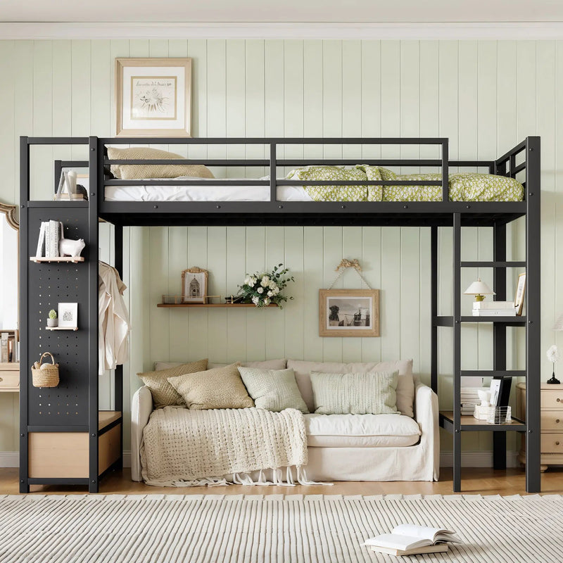 Twin XL Size Loft Bed Frame with Wardrobe and Shelves by HouseOfZazla