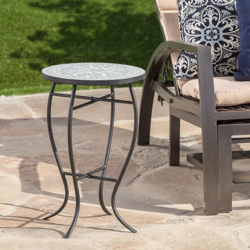 Outdoor Round Side Table With Mosaic Style Top And Curved Iron Legs by HouseOfZazla