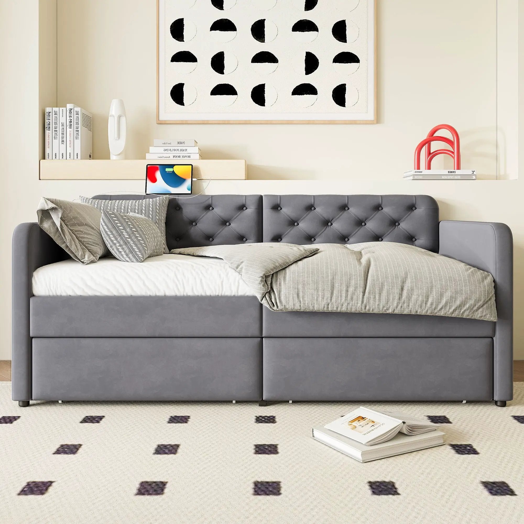 Twin Size Upholstered Daybed With 2 Storage Drawers And USB Charging Design - Gray