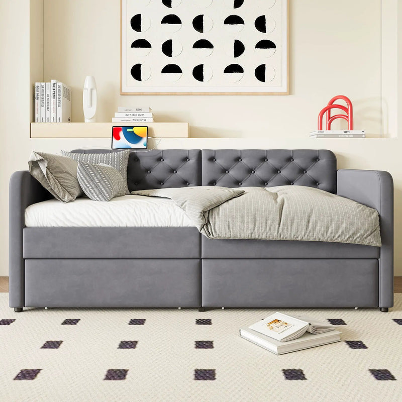 Twin Size Upholstered Daybed With 2 Storage Drawers And USB Charging Design - Gray