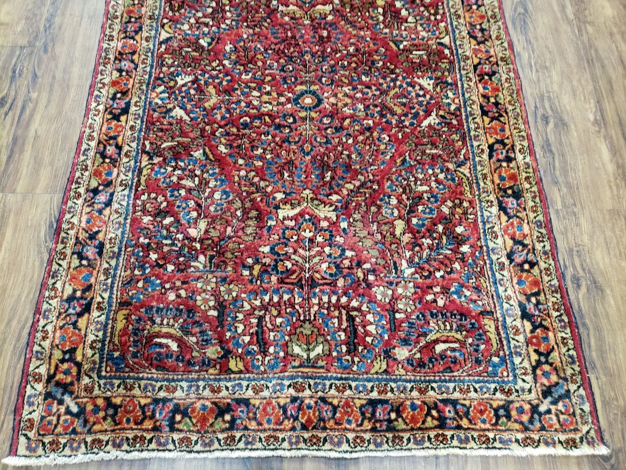 Antique Persian Sarouk Rug, Red, Allover Floral Pattern, Hand-Knotted, Wool, 3'4" x 4'10" by Jewel Rugs