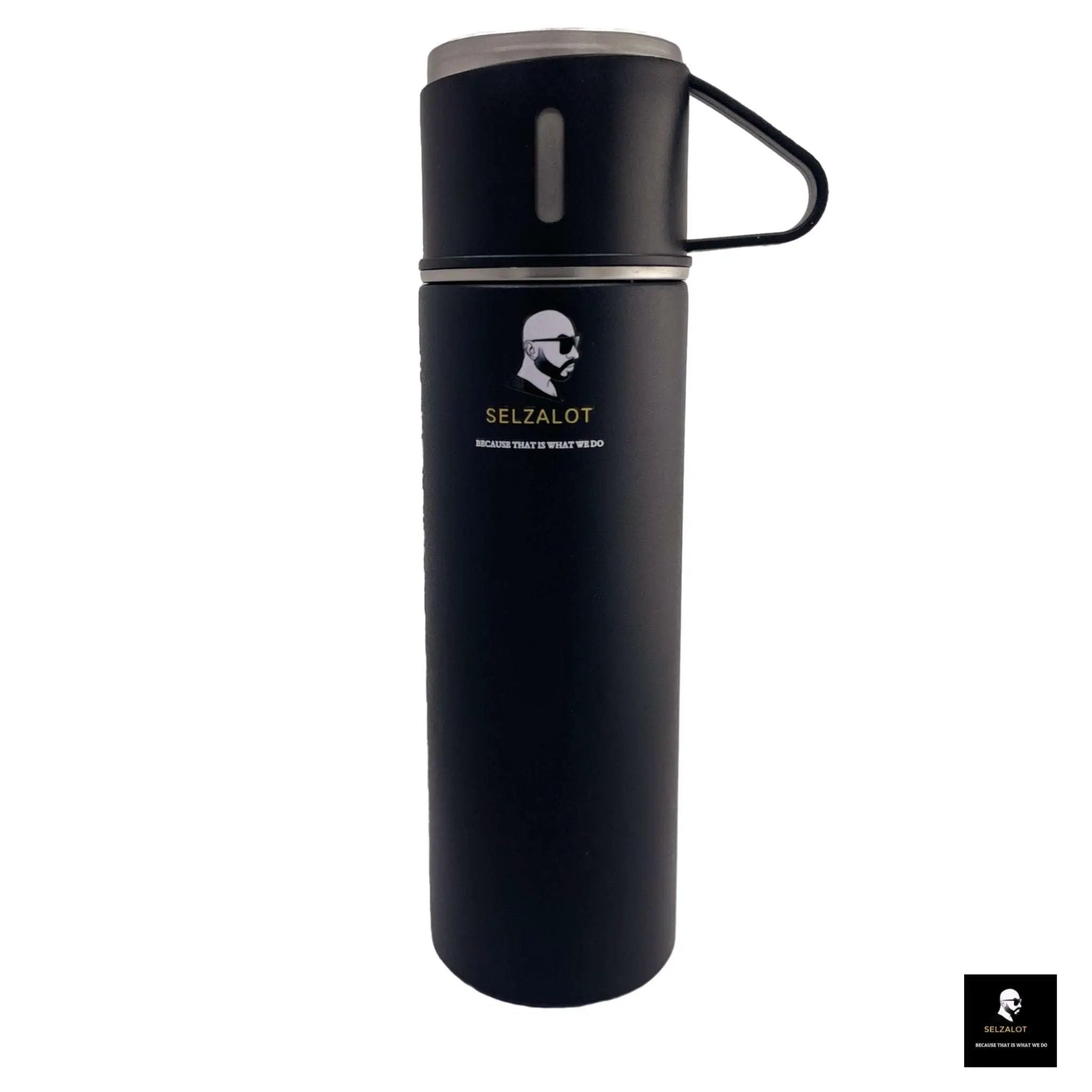 SELZALOT Stainless Steel Vacuum Flask Set, 500ML Gift Set, Black, Thickened Food Grade 304 Stainless Steel, Durable Insulation, Ergonomic Design, with 3 Cups by Selzalot