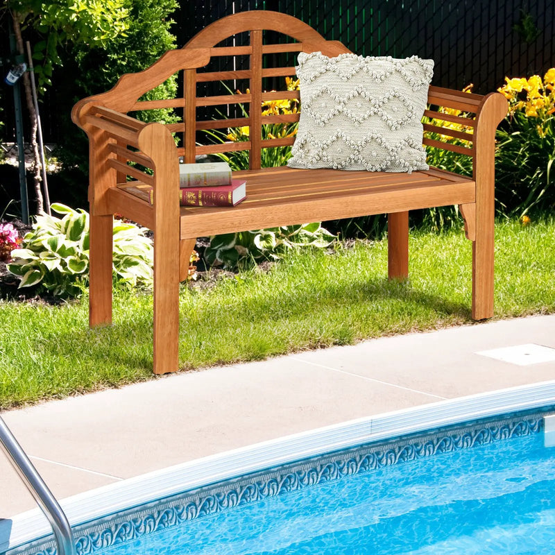 49 Inch Eucalyptus Wood Outdoor Folding Bench with Backrest Armrest for Patio Garden by DirectDeals