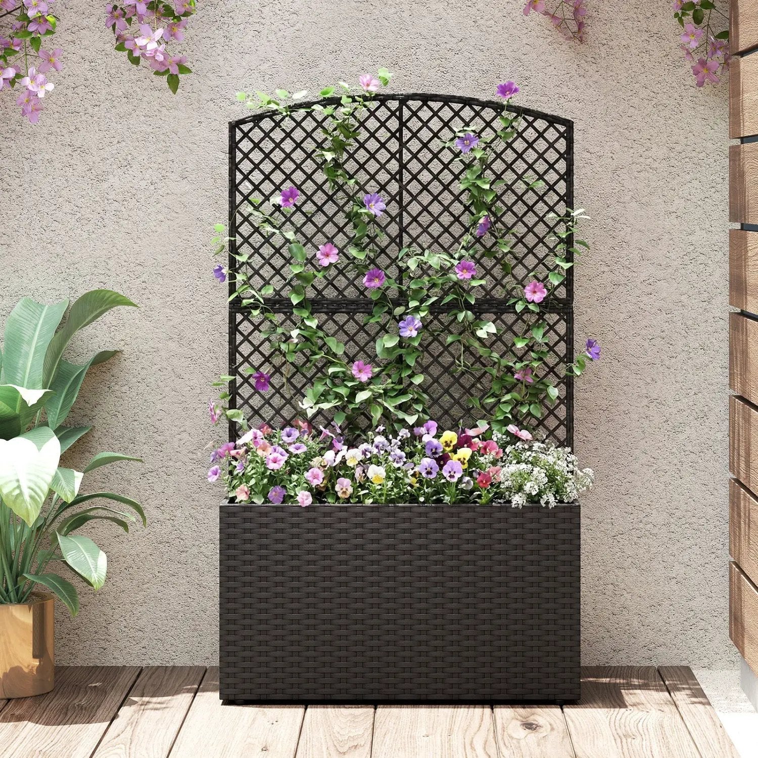49 Inch Raised Garden Bed with Trellis and Wicker Planter Box by DirectDeals