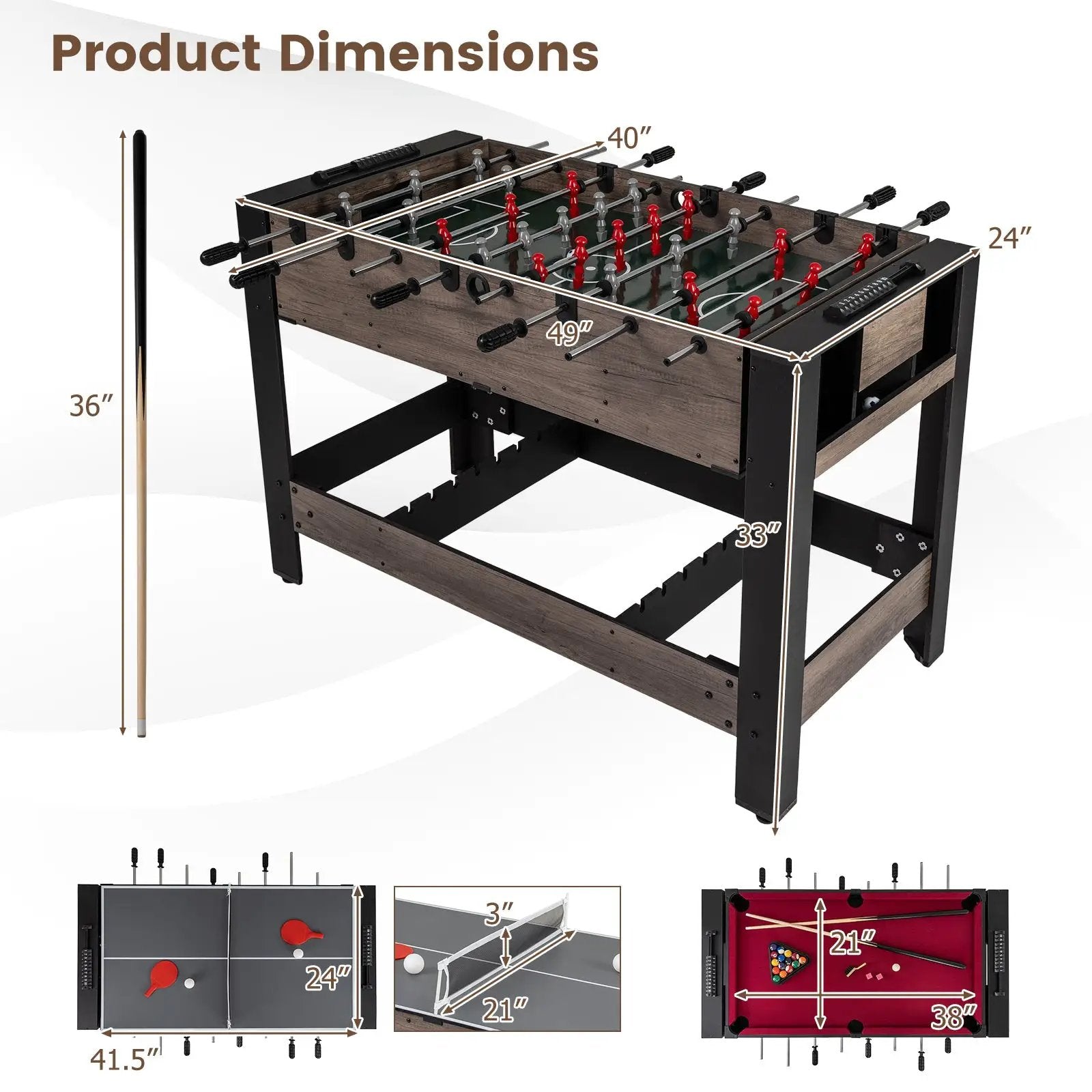 49 inch Combo Game Table with Pool Billiards-Brown by DirectDeals